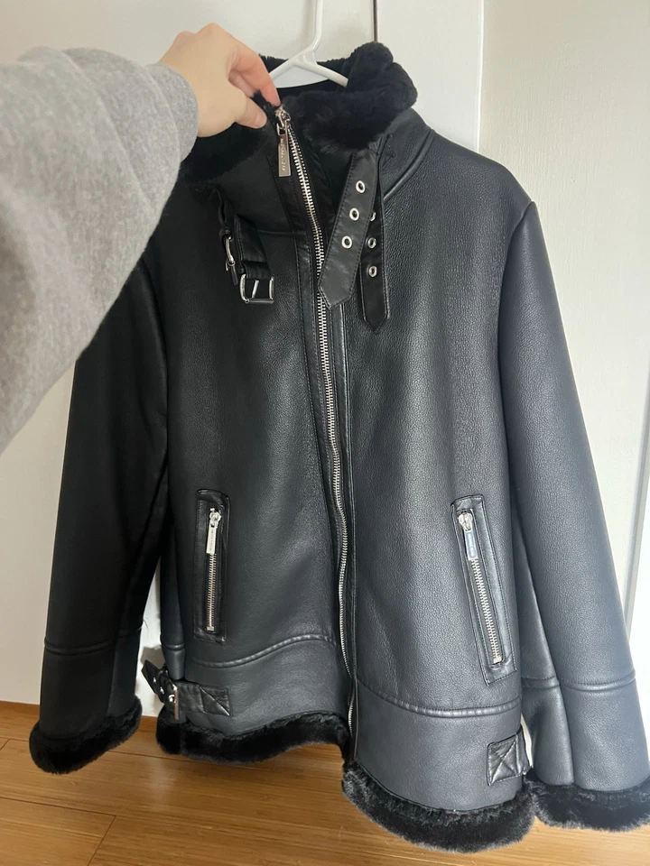 Michael Kors 人造毛皮皮革机车夹克黑色女式 S 码 — 第 2/4 张图片