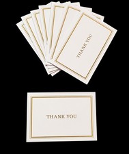 Thank You Greeting Card, Border Pattern, White Gold set of 18 with envelopes