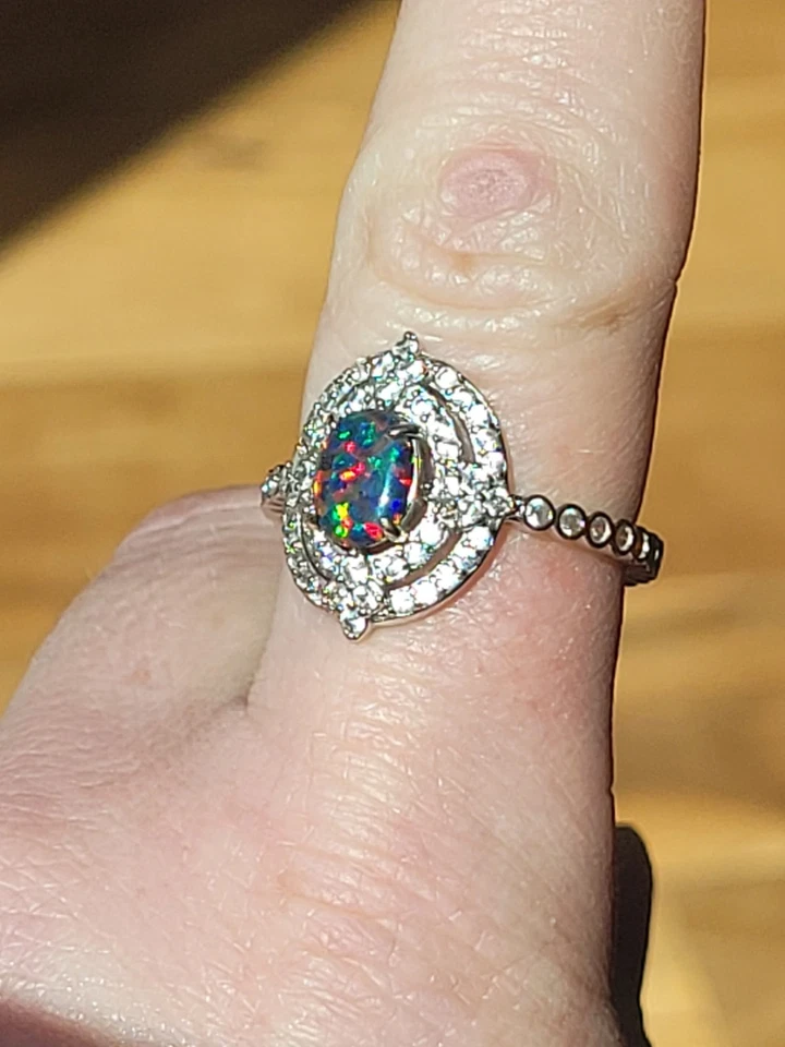 Ring Bomb Party Black Lab Fire Opal Ring Double Halo CZ Eternity Band Sz 9.5 - Image 4 of 4