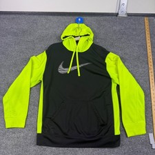 Nike Therma-FIT Mens Hoodie Large Black Neon Volt Green Swoosh Pullover