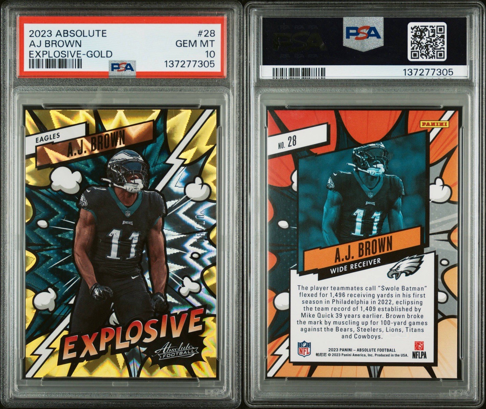 2023 Panini Absolute AJ Brown Explosive Gold 8/10 #28 PSA 10 SSP view 3