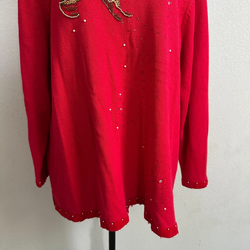 Quacker Factory Sweater 1X Plus Christmas Knit Reindeer Red Sequin Ramie 90s - Image 3 of 4
