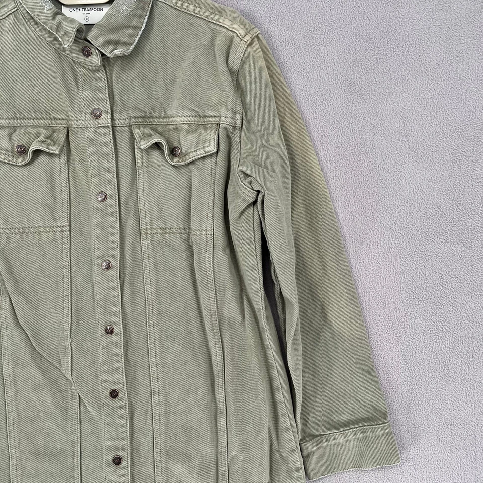 Camisa One Teaspoon para mujer mediana verde caqui chaqueta de mezclilla a presión cuello largo Foto 4 de 4
