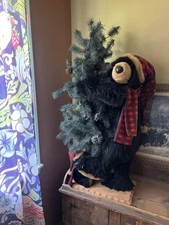 VTG Dan Dee 48" Black Bear & Cub Hugging Christmas Tree Holiday Decor Hat/Scarf