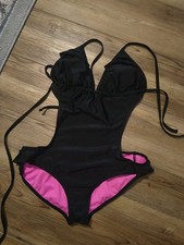Black One Piece Swimsuit Neon Pink Lining Side Drawstring Tie Bathing Suit M