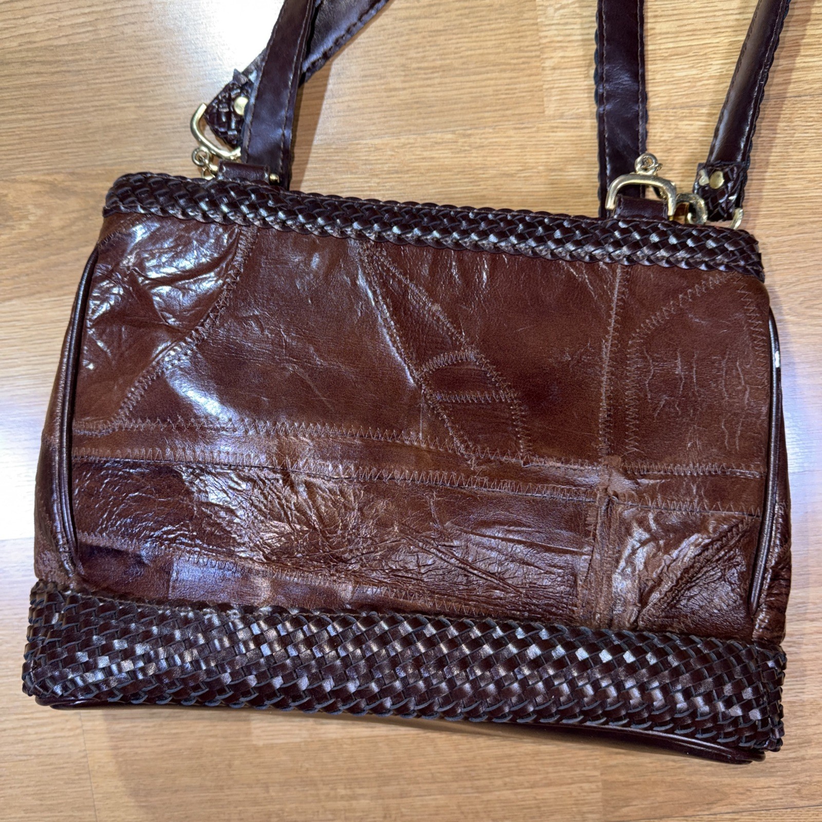 Leather Weave Patchwork Dark Brown Handbag Purse … - image 3