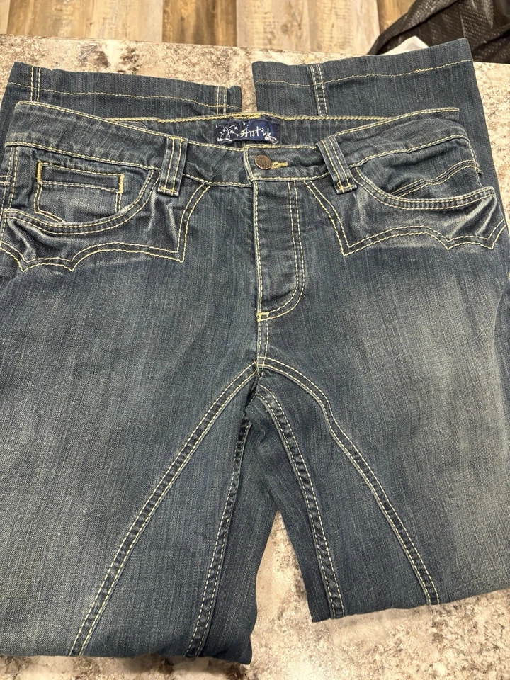 Jeans Antik Para Hombre 33 Ajustes 34x30 Bolsillo Bordado Marrón Costura Botón Mosca Foto 3 de 4