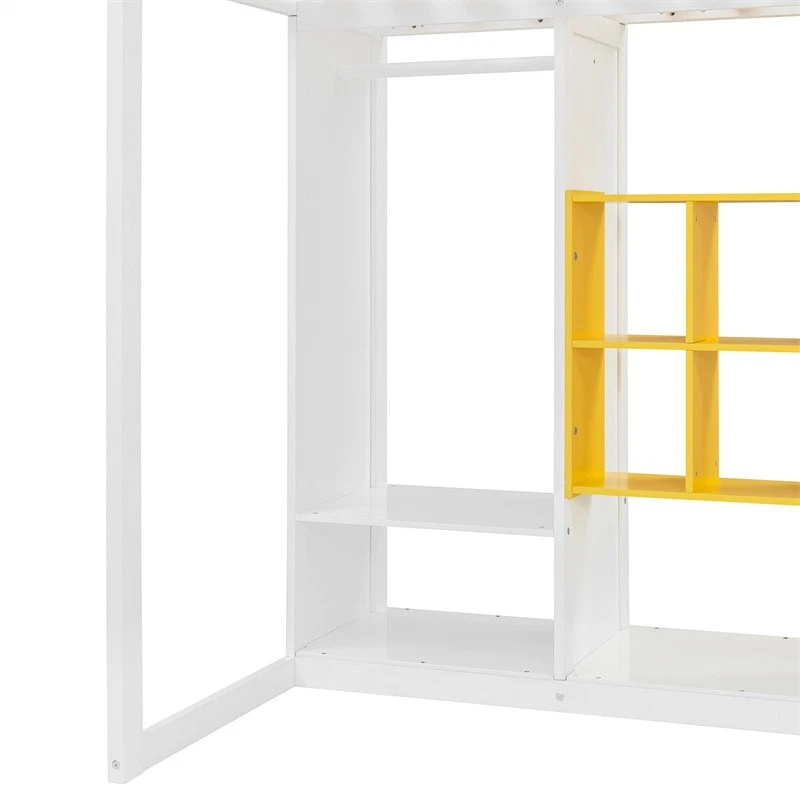 Cama tipo loft de madera tamaño doble con armario, estantes de almacenamiento y armario, blanco + amarillo  Foto 3 de 4