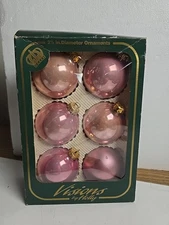 Vintage 6 Christmas Visions By Holly ornaments Rose Pink Glass In Box