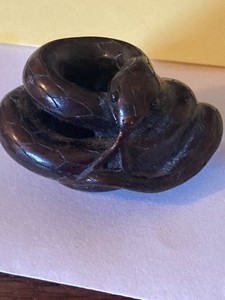 VTG. Chinese boxwood hand carved  curled snake netsuke -signed