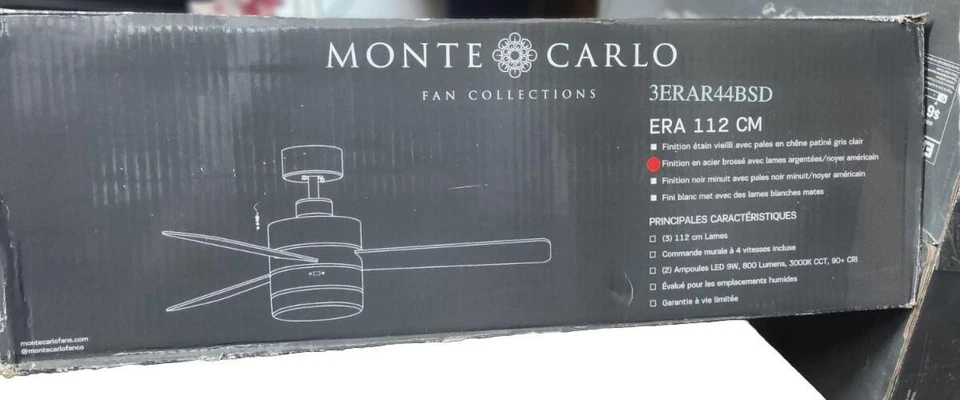 Monte Carlo Era-3 Blade Ceiling Fan/Light Kit In Modern Style-44in Brushed Steel - Image 3 of 4