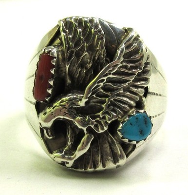 Native American Navajo Sterling Silver Turquoise Eagle Ring Size 11 1/2 #134