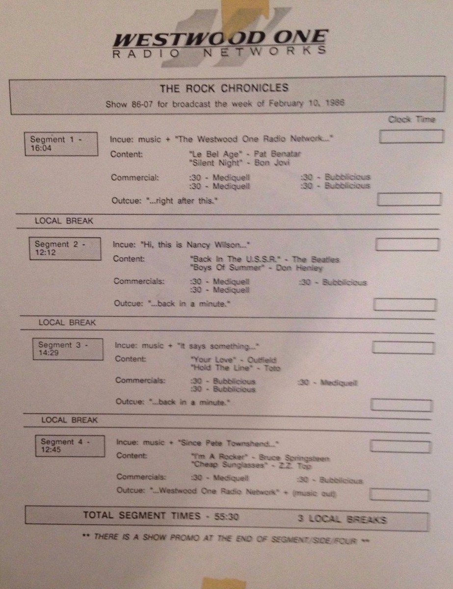 RADIO SHOW 2/10/86 ROCK CHRONICLES: ZZ TOP, OUTFIELD, TOTO