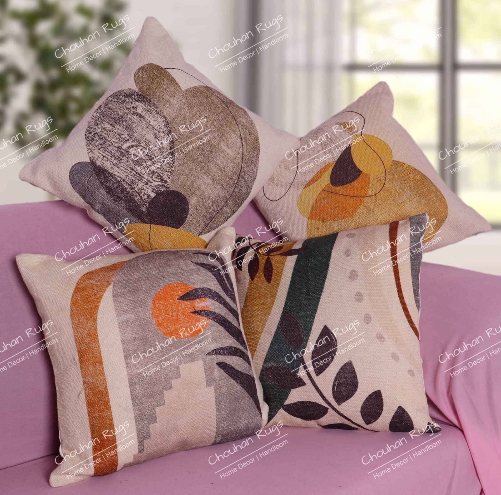 Set of 4 Handwoven Multicolor Cotton Cushion Covers 45x45cm Digital Print