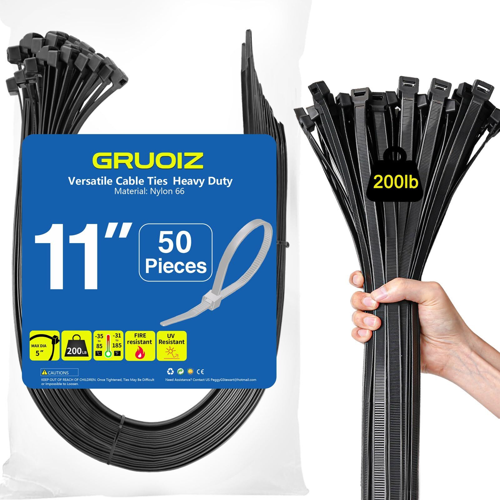 11 Inch Heavy Duty Black Zip Ties with 200lbs Tensile Strength, 50Pack UV Res...