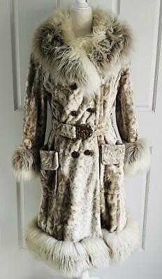 True Vintage 1960's Penny Lane Faux Fur Thick Shearling Trim Coat Belt Size  S/M