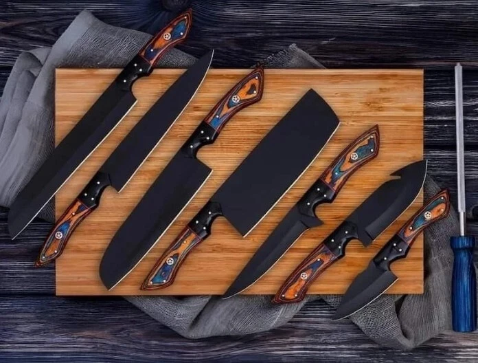 CUSTOM HANDMADE POWDER COATING J2 STEEL KITCHEN KNIFE 7 PICE SET WITH ROLL BAG-