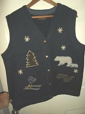 Woolrich LRG Wool Button Front Winter Vest Blue w/Bears Snowshoes Skis Pine Tree