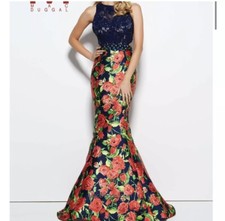 Mac Duggal Lace Red Rose Print Formal Gown - Sz4