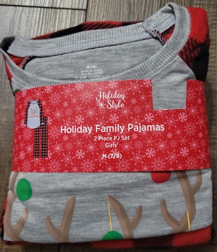Girls Medium 7/8 Happy Holidays Christmas Fannel Pajama Set Deer Antlers - 第 1/5 張圖片