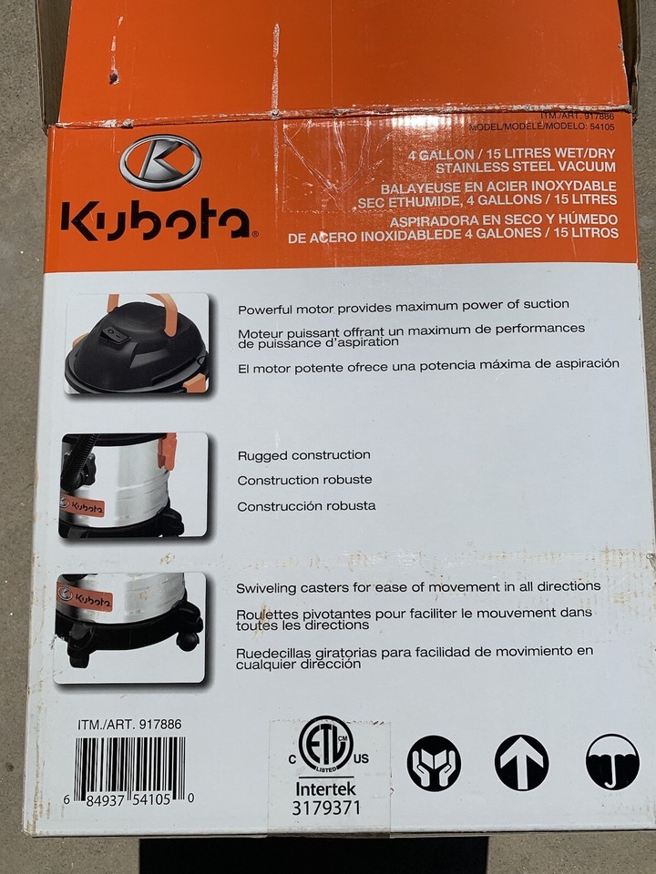 Kubota 4 Gallon Wet or Dry Stainless Steel Vacuum Cleaner eBay