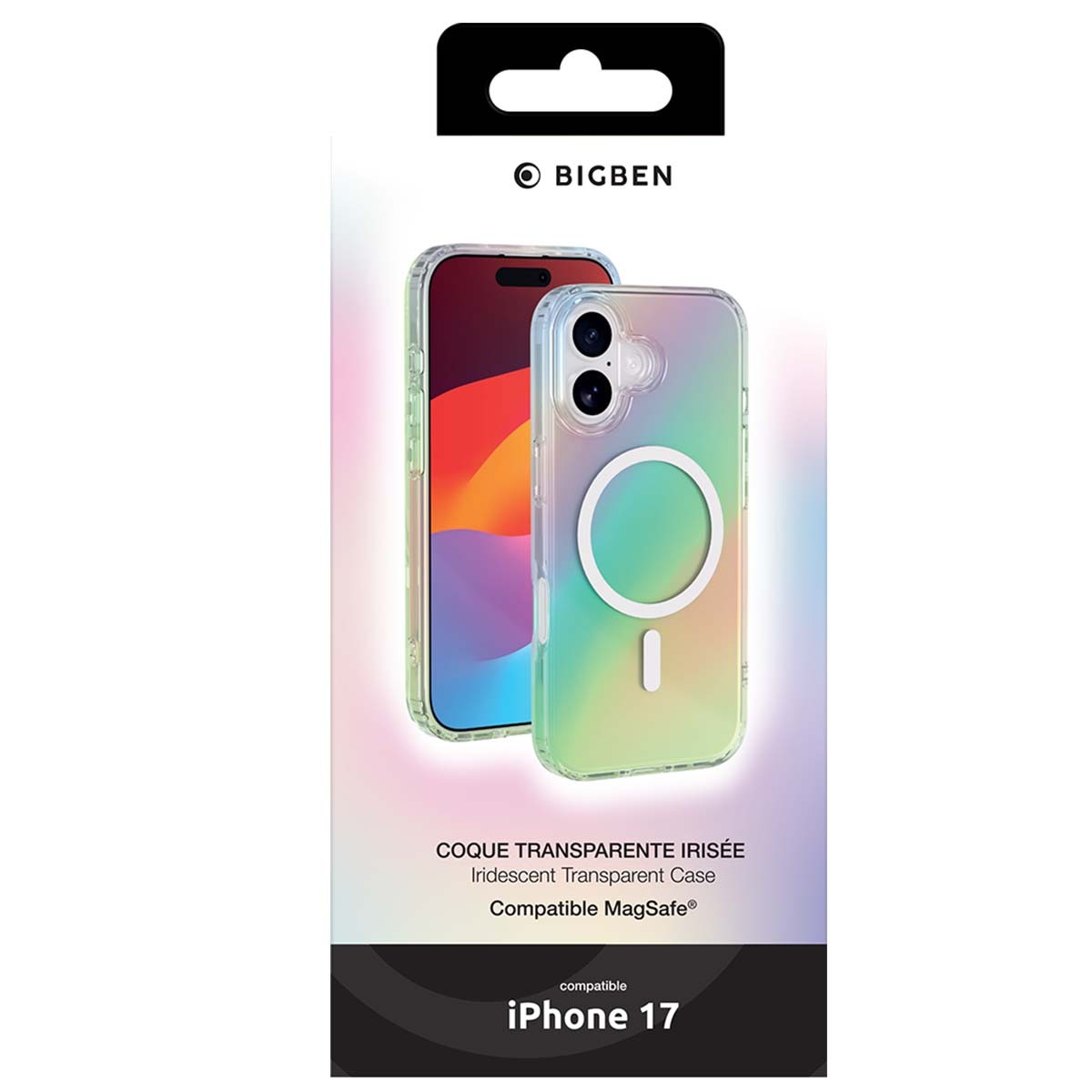 Cover iPhone 17 antiurto BigBen Connected avec design holographique transparent