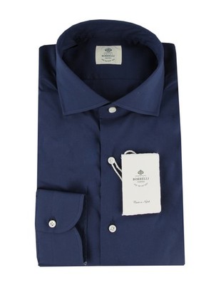 $500 Luigi Borrelli Navy Blue Cotton Blend Shirt - Slim - (LB382613)