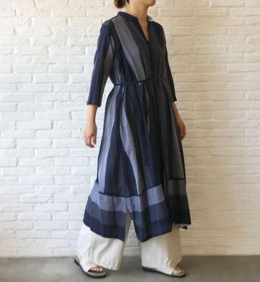Pas de Calais Cotton Linen Shirt Long Dress Collared Striped Blue Exc