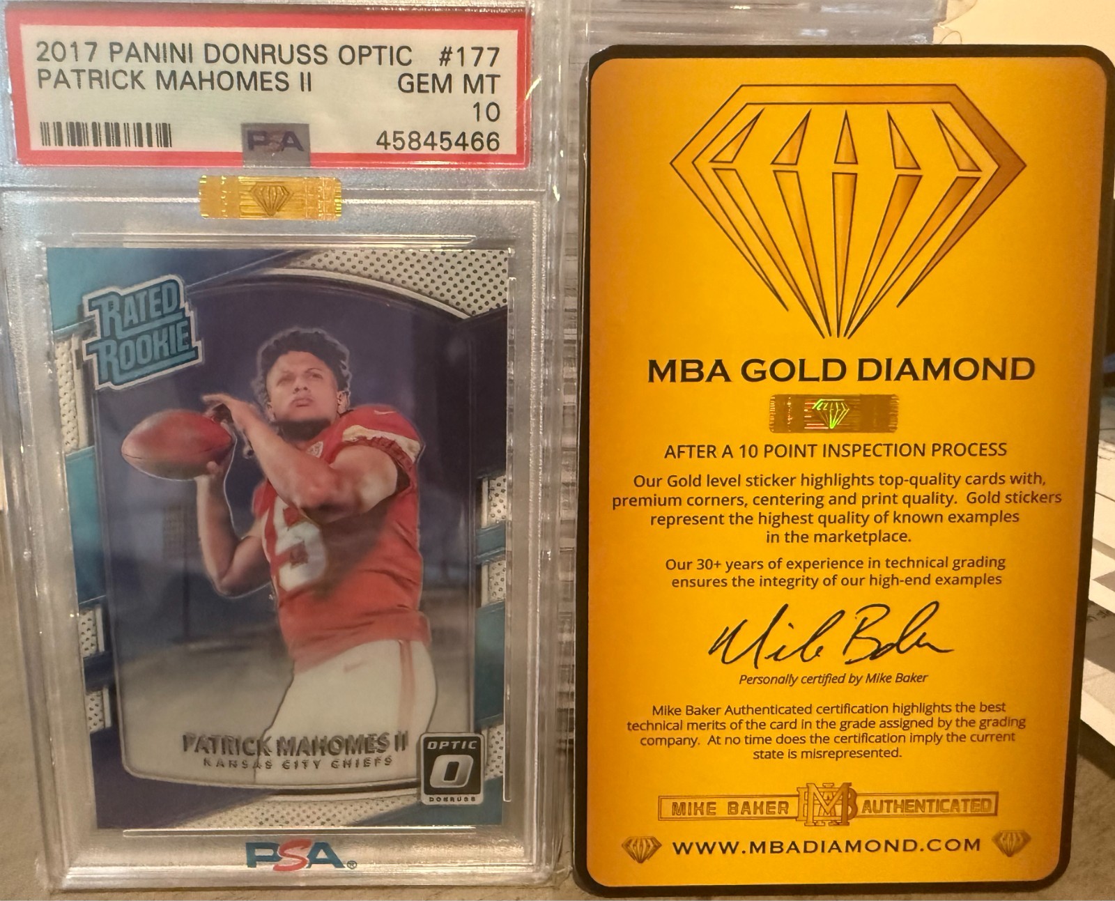 2017 Panini Donruss Optic Patrick Mahomes #177 PSA 10 RC MBA GOLD Diamond