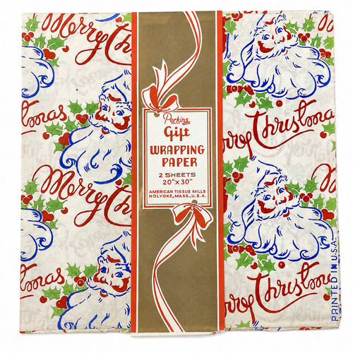 Vtg Perkins Christmas Gift Wrap Sealed 2 Sheets 20x30 Santa Claus American Tissu