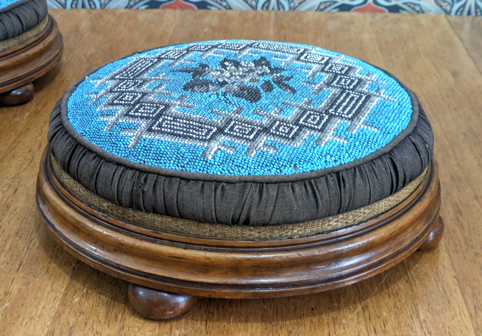 Victorian 19th Century Pair Walnut Turquoise Beadwork Bunfeet Footstools Antique