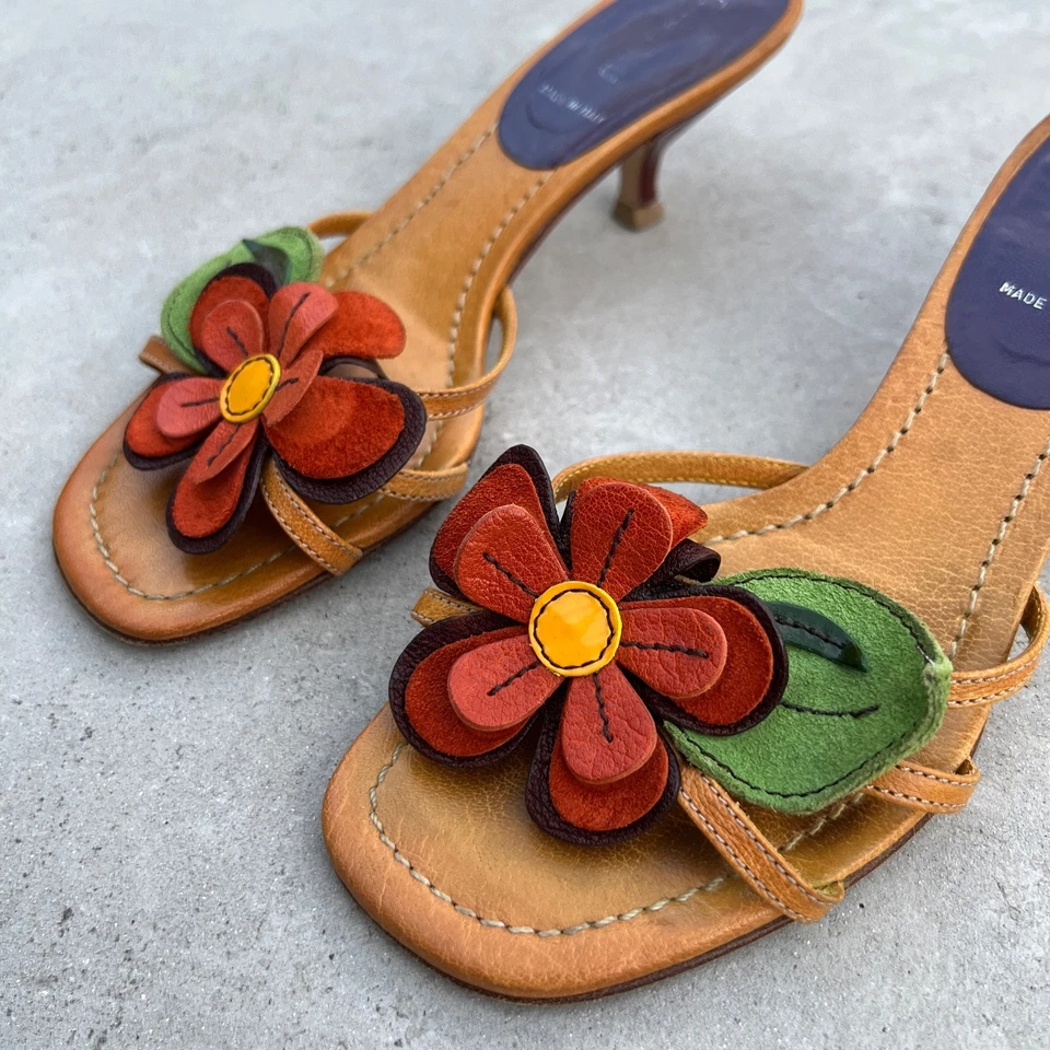 Miu Miu | Authentic Vintage Flower Appliqué Leather Mules Red Orange Strappy(35) - Image 3 of 4