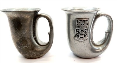 x2 Armetale Pewter Horn Beer Mugs ~ 1 MICHELOB by RWP Wilton & 1 Unmarked