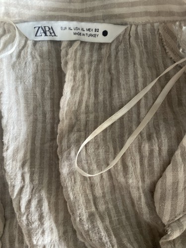 Zara Rustic Maxi Shirt Dress Belted Quirky Cotton Linen Striped Greige XL 12 14 - Picture 15 of 24