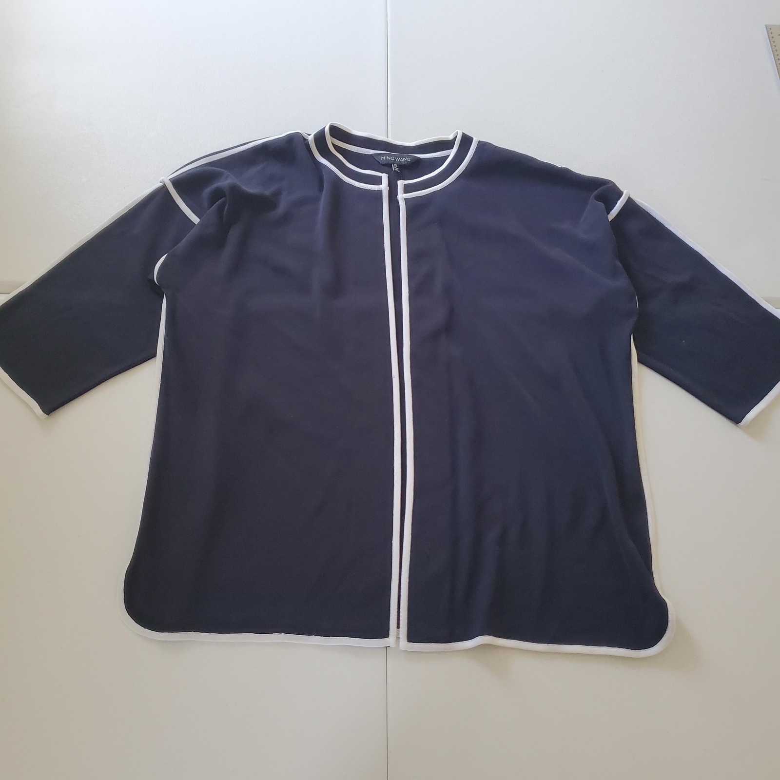 Ming Wang Cardigan Womens XL Navy White Trim Open Front 3/4 Sleeve Reimagined