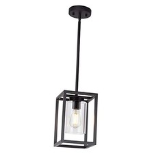1 Light Farmhouse Pendant Lighting Cage Chandelier Glass Shade Black
