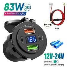 12V-24V USB Charger Port Fast Car Charger PD & QC Outlet Socket for Boat Marine