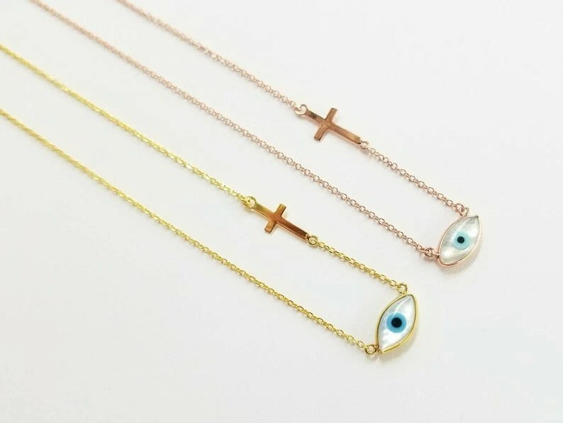 Evil eye necklace with cross in k14 solid gold. eBay