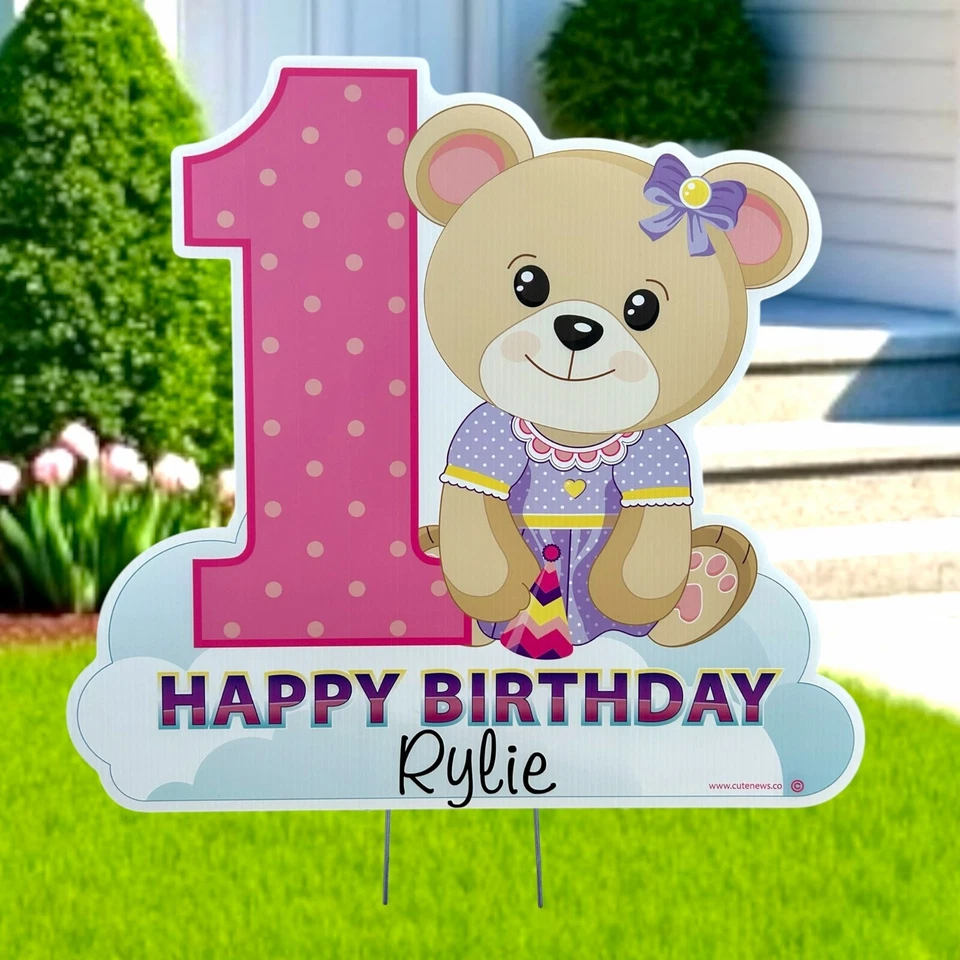 Feliz 1er Cumpleaños Niña, Letrero Personalizado de Patio de Oso, Decoración Exterior, Regalo Personalizado Foto 2 de 2