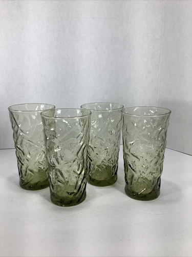 4~Vintage Anchor Hocking®️Lido Milano Bumpy 12oz Glass Tumbler~Green
