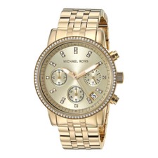 NEW MICHAEL KORS GOLD TONE S/STEEL CHRONOGRAPH+CRYSTALS GLITZ WATCH-MK5698+BOX