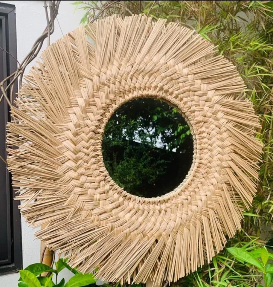 Espejo redondo montado en la pared bohemio de pastos marinos hecho a mano decoración tradicional Foto 4 de 4