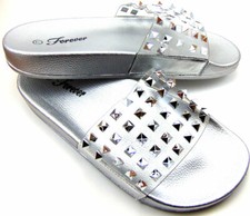 Womens Clear Bling Rhinestone Style Studs Metallic Open Toe Slides Shoes Sandals