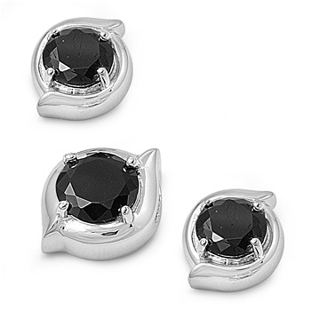 Black Simulated CZ Round Earrings with .925 Sterling Silver Pendant Set