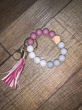Beaded Id Holder, Key Chain, Handcrafted Pink White Leather Fringe Bracelet