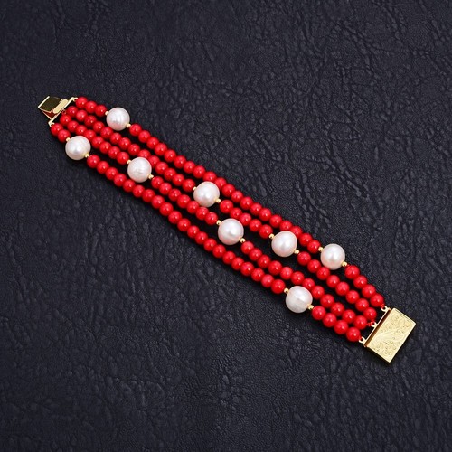 8'' 4 Rows 10mm White Round Pearl 6mm Round Red Coral Bracelet For Women Fashion - Picture 3 of 6