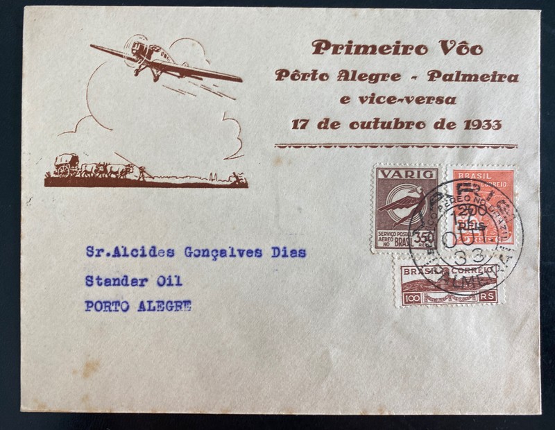1933 Palmeira Brazil Airmail First Flight Cover FFC To Porto Alegre VARIG