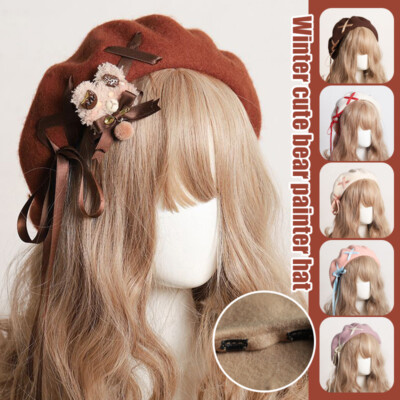 Vintage French Style Wool Beret Hat - Cute Kawaii Cap French Wool Beret Hat, Hand Embroidered Daisy Flower Beret  main image 3