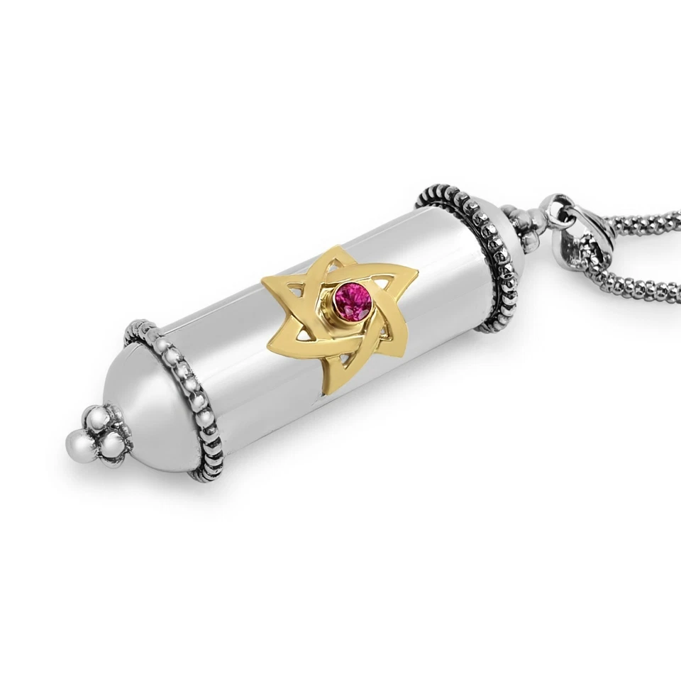 925 Sterling Silver Yellow Gold And Ruby Necklace Star Of David Mezuzah Pendant - Image 2 of 4