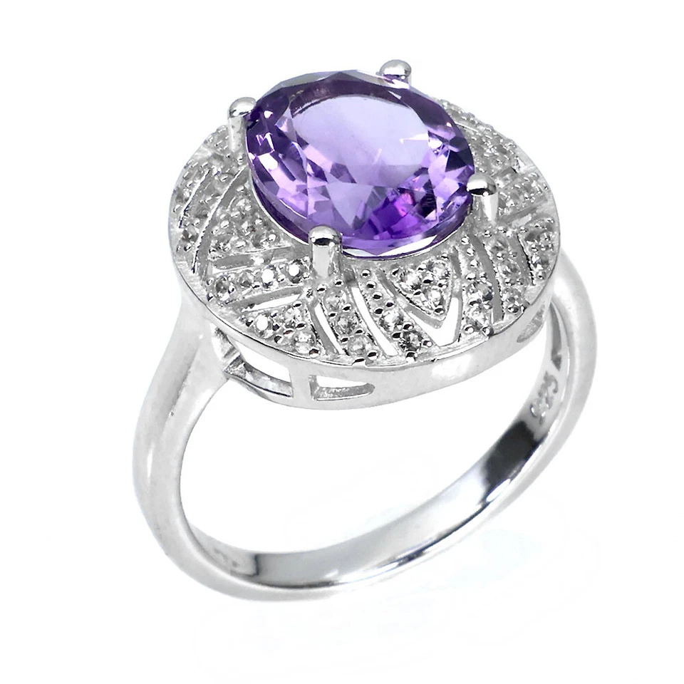 925 Anello Argento Sterling Ovale Ametista 11x9mm Topazio Gemma Gioielli Misura - Immagine 2 di 4